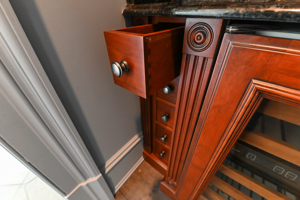 Wood-Mode Traditional Wet Bar with Dark Granite Countertops & Sub-Zero Wine Cooler