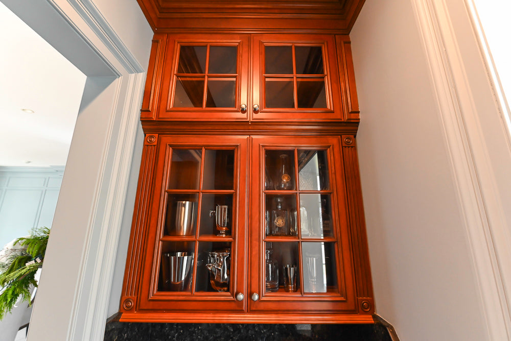 Wood-Mode Traditional Wet Bar with Dark Granite Countertops & Sub-Zero Wine Cooler