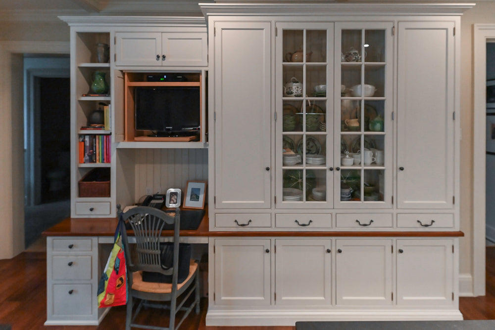 Large Traditional White Kitchen with Island, Stone Countertops & Desk Area