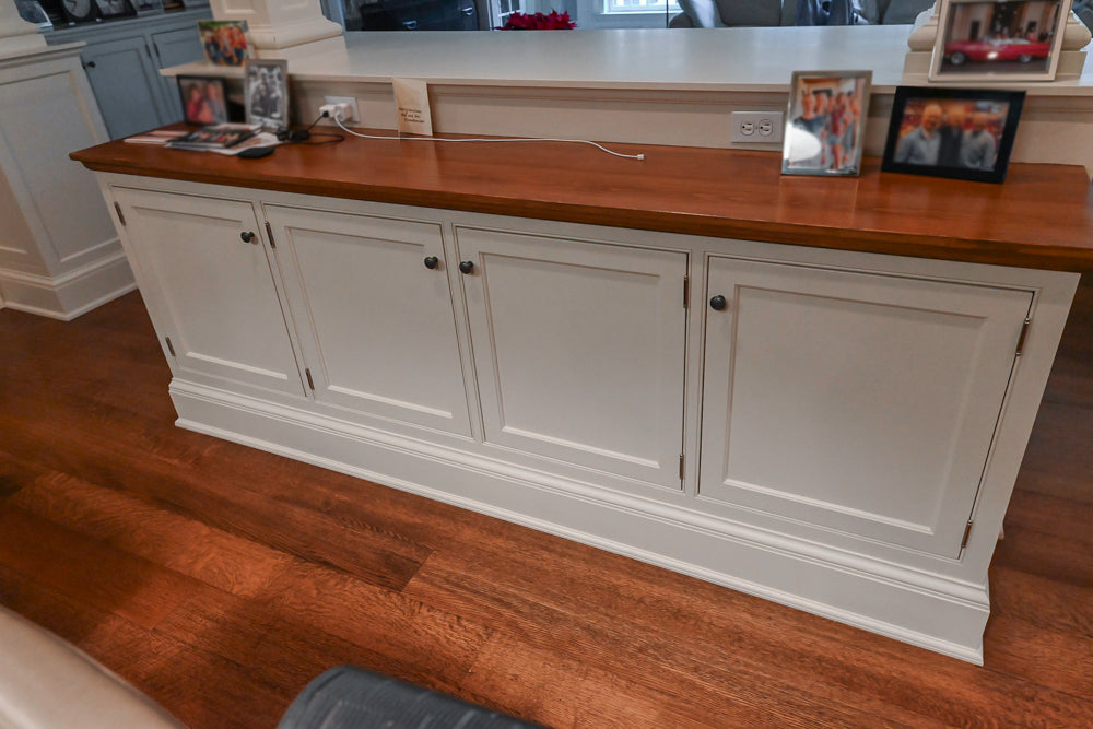 Large Traditional White Kitchen with Island, Stone Countertops & Desk Area