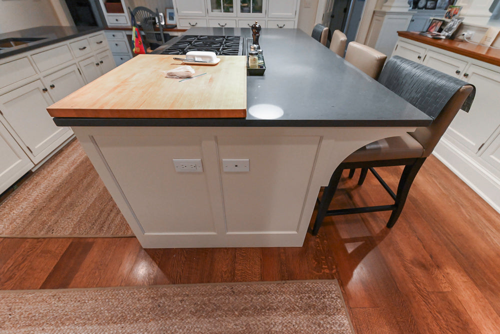 Large Traditional White Kitchen with Island, Stone Countertops & Desk Area