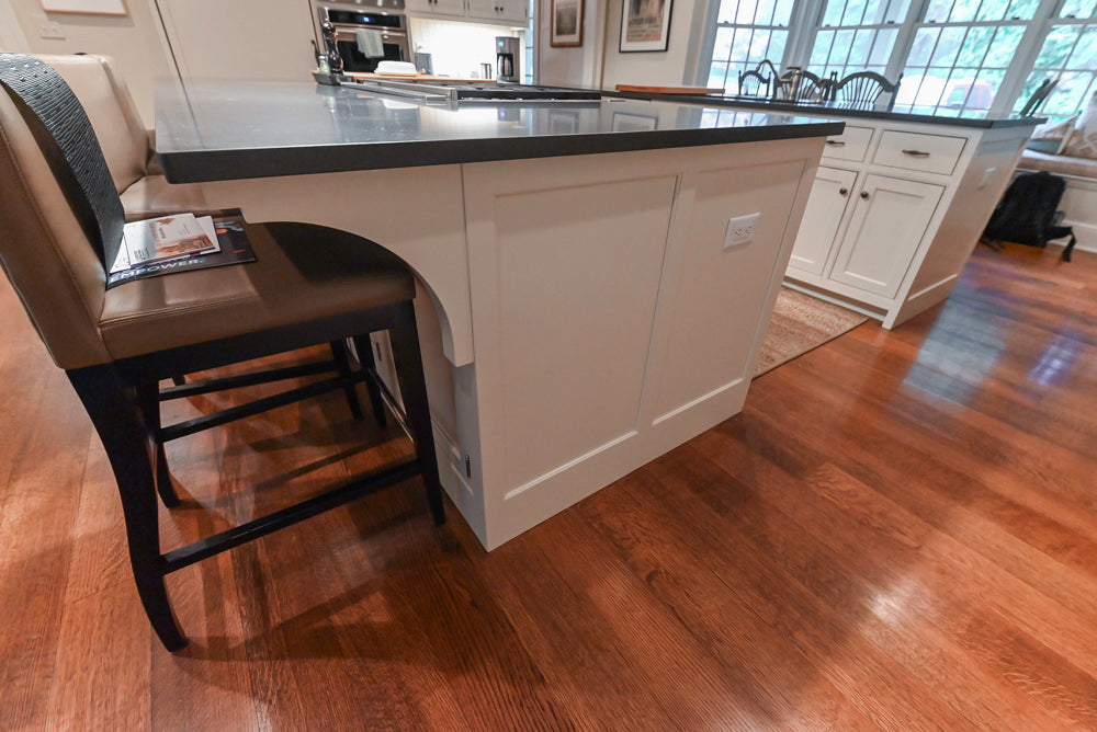 Large Traditional White Kitchen with Island, Stone Countertops & Desk Area