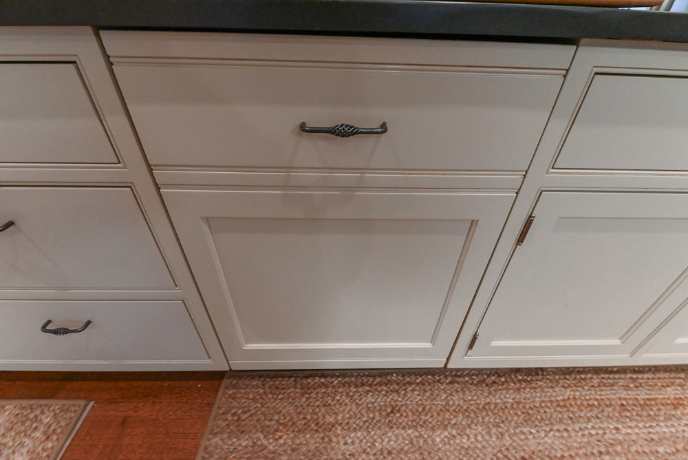 Large Traditional White Kitchen with Island, Stone Countertops & Desk Area