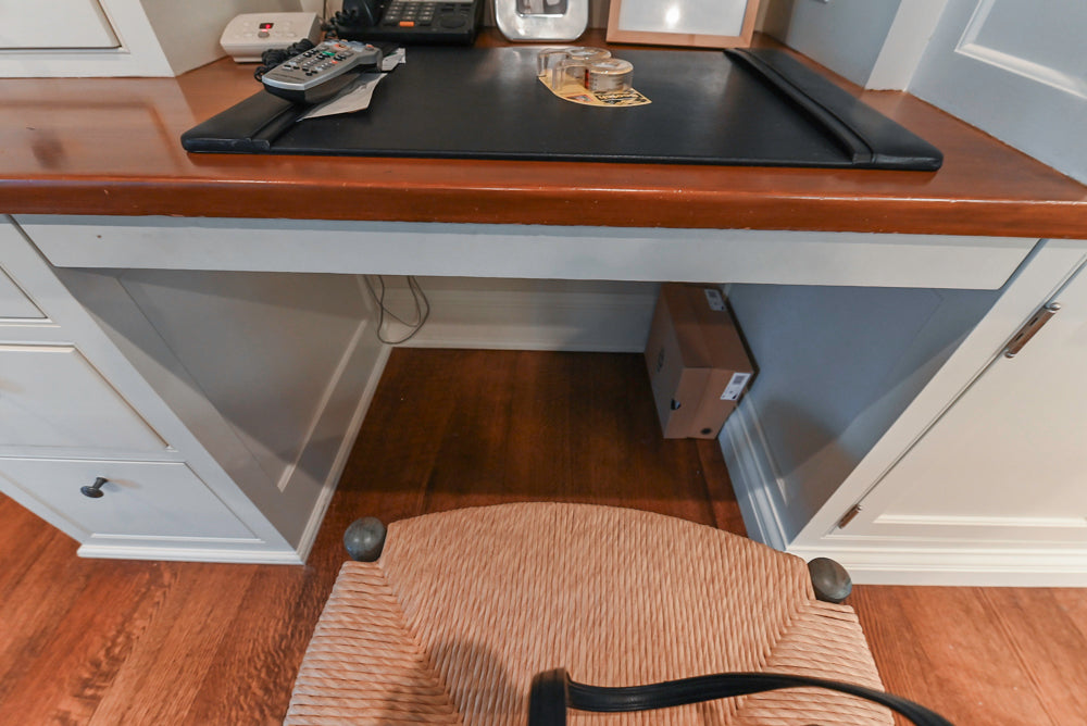 Large Traditional White Kitchen with Island, Stone Countertops & Desk Area