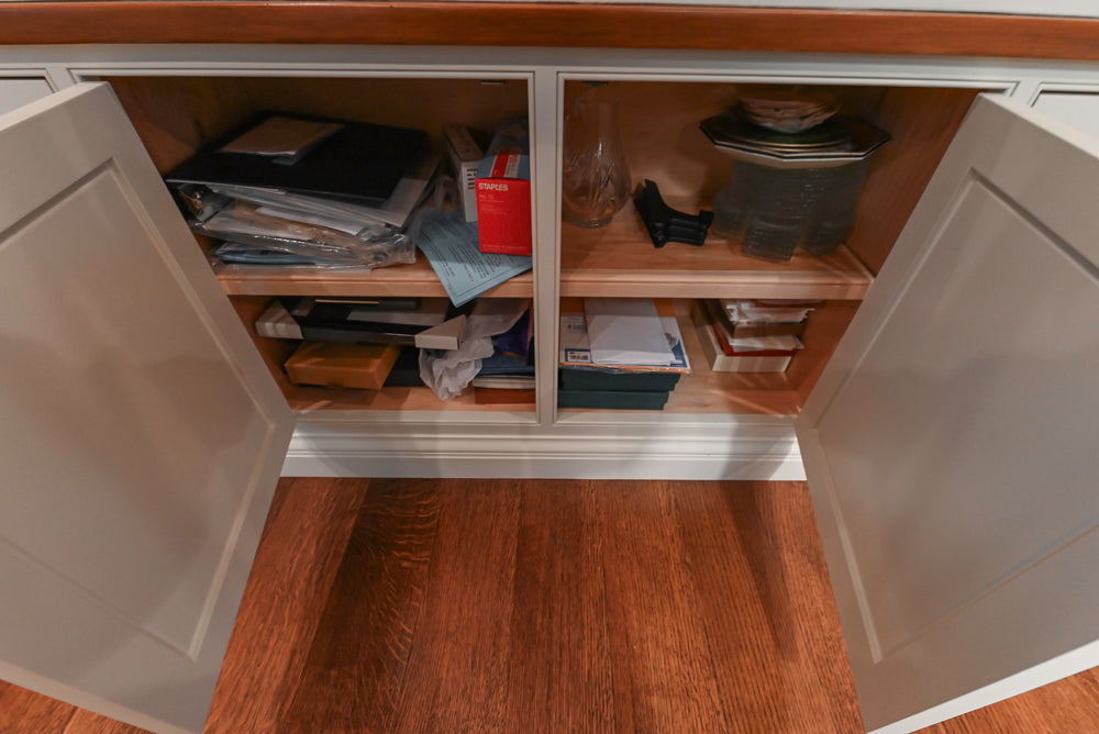 Large Traditional White Kitchen with Island, Stone Countertops & Desk Area