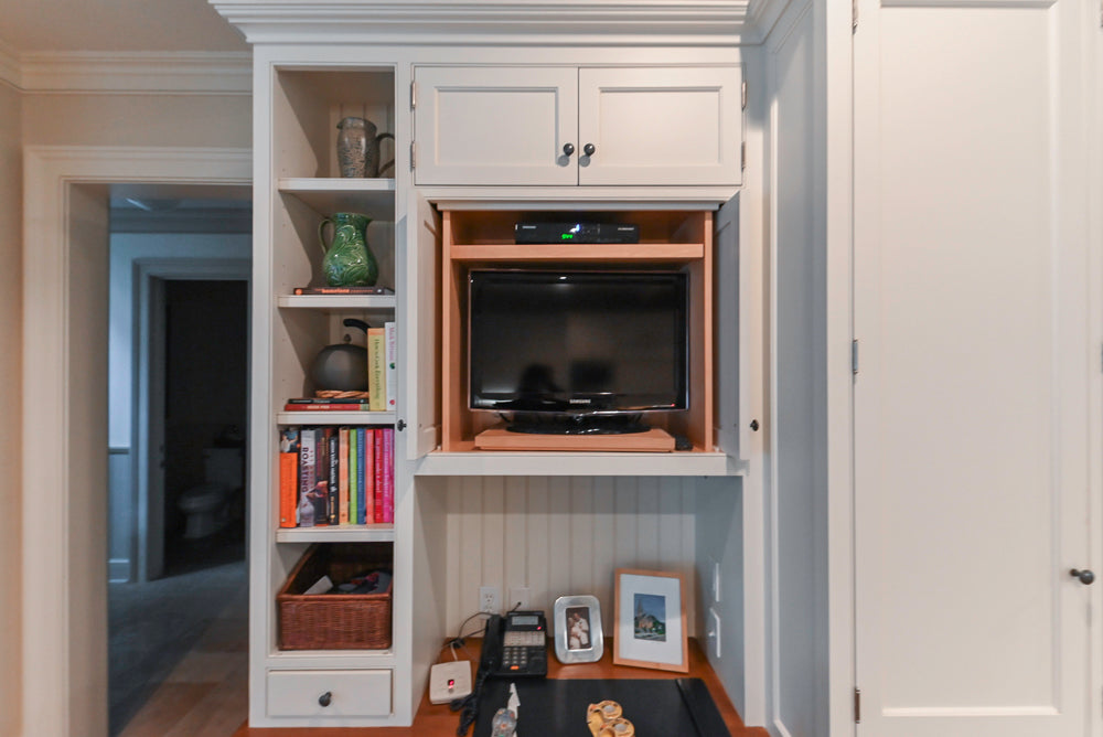 Large Traditional White Kitchen with Island, Stone Countertops & Desk Area