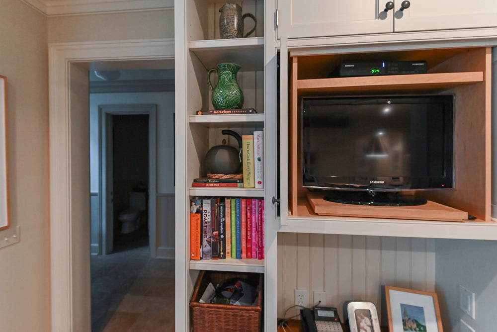 Large Traditional White Kitchen with Island, Stone Countertops & Desk Area