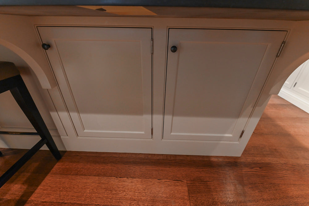 Large Traditional White Kitchen with Island, Stone Countertops & Desk Area