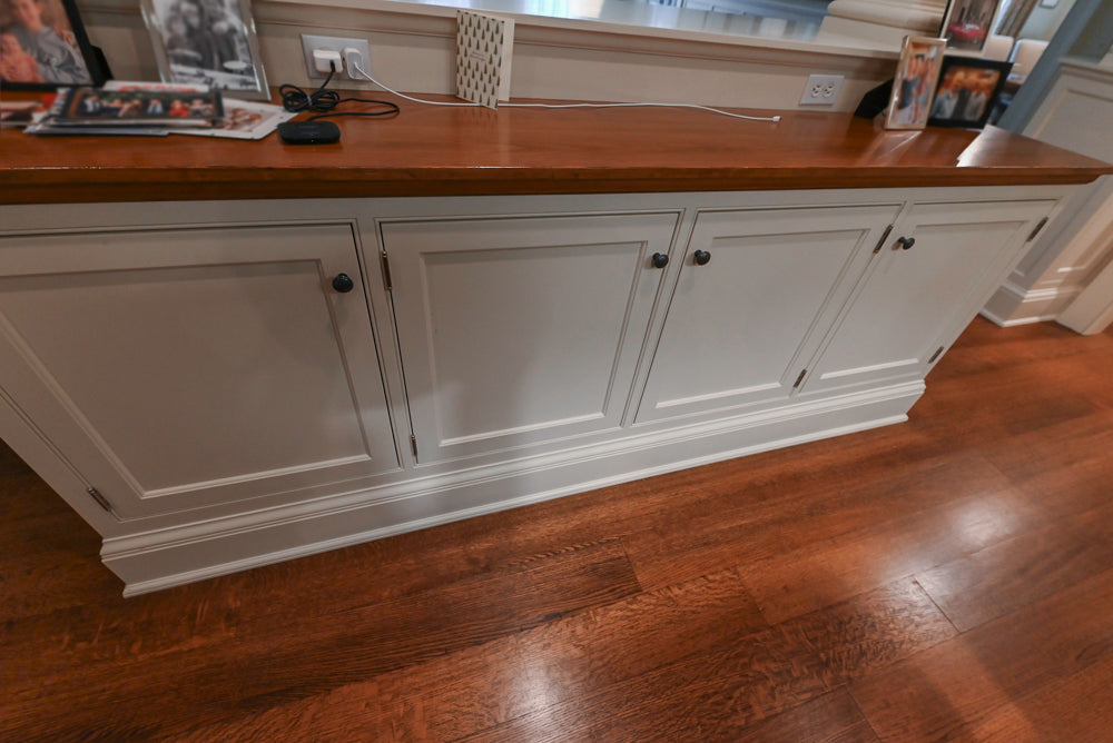 Large Traditional White Kitchen with Island, Stone Countertops & Desk Area