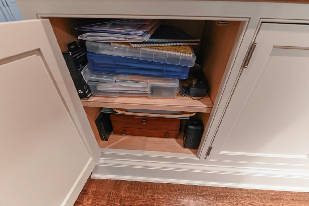 Large Traditional White Kitchen with Island, Stone Countertops & Desk Area