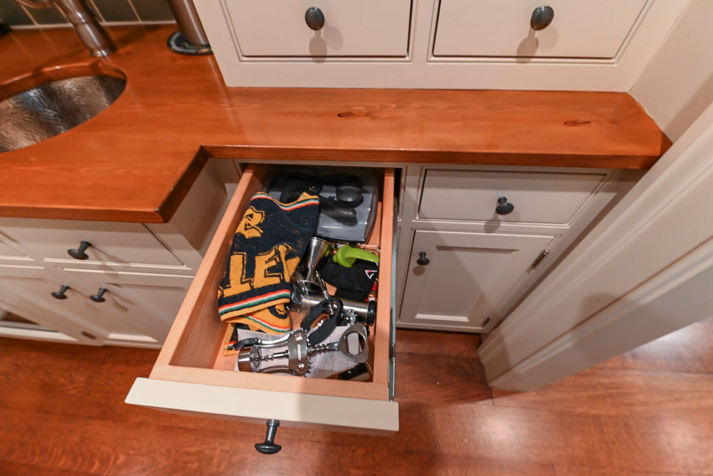 Traditional White Butler's Pantry with Prep Sink and Wood Countertops