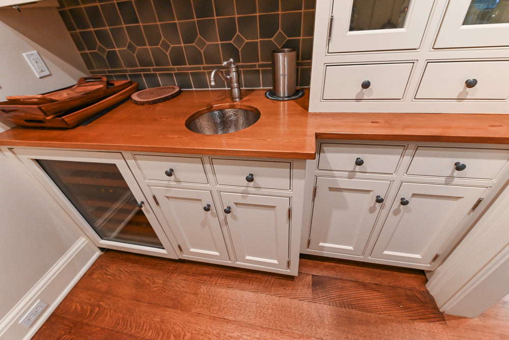 Traditional White Butler's Pantry with Prep Sink and Wood Countertops
