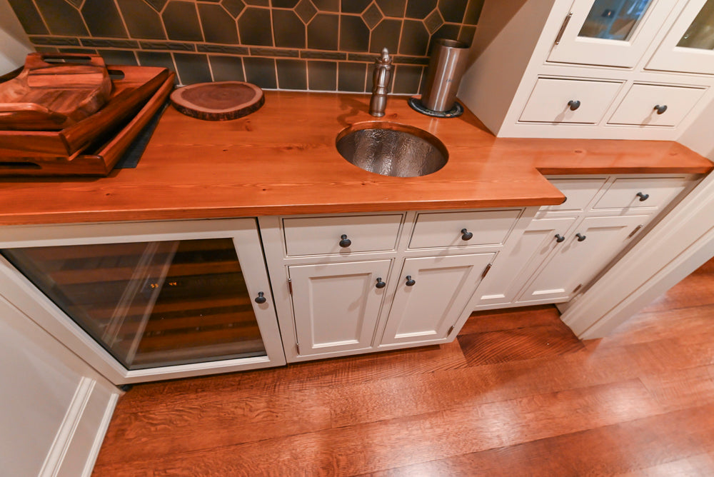 Traditional White Butler's Pantry with Prep Sink and Wood Countertops
