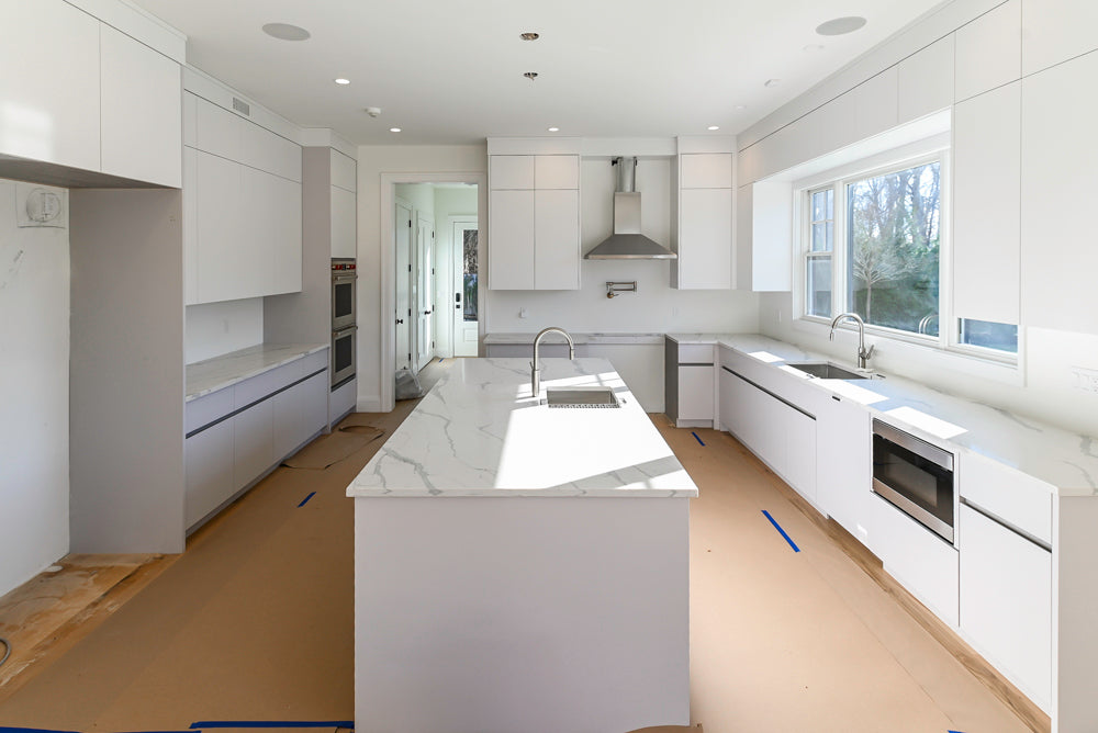 Large White Gloss Modern Kitchen with Island and Quartz Countertops