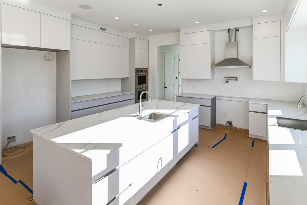 Large White Gloss Modern Kitchen with Island and Quartz Countertops