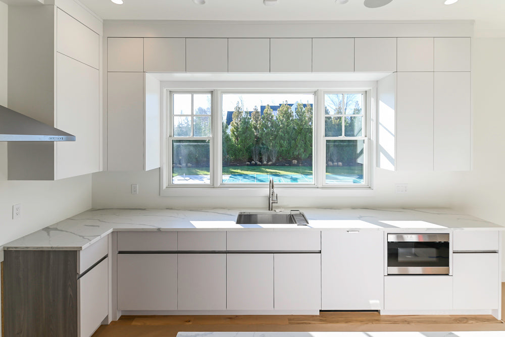 Large White Gloss Modern Kitchen with Island and Quartz Countertops
