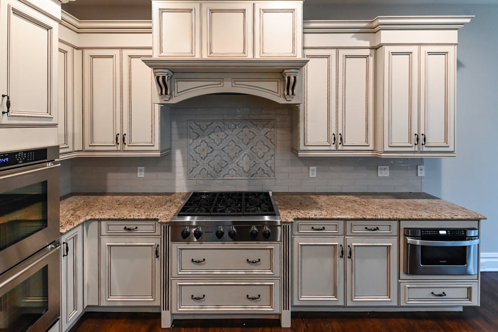 Kitchen Craft Traditional White Kitchen with Island, Granite Countertops and Appliances