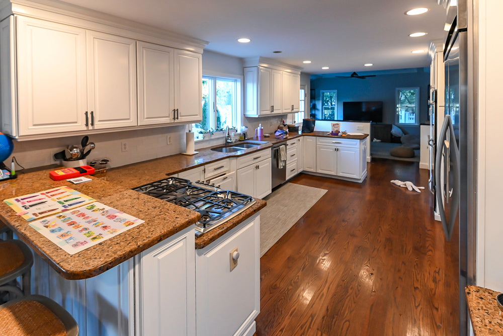 Traditional White Kitchen with Desk Area, Granite Countertops & Thermador Appliances