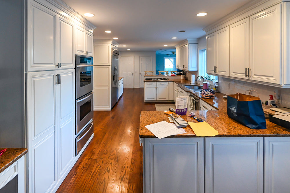 Traditional White Kitchen with Desk Area, Granite Countertops & Thermador Appliances