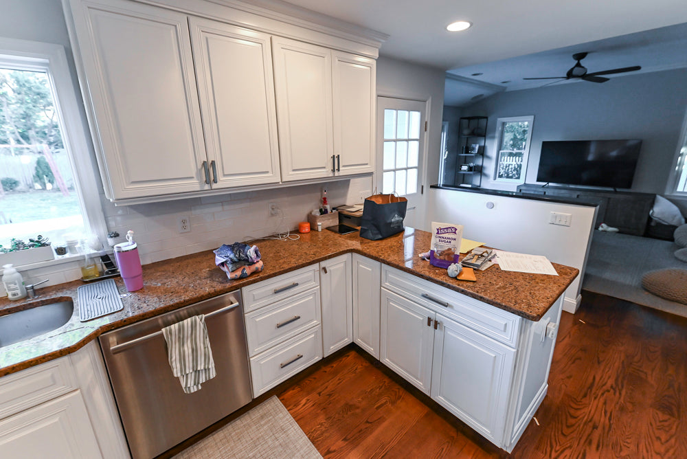 Traditional White Kitchen with Desk Area, Granite Countertops & Thermador Appliances