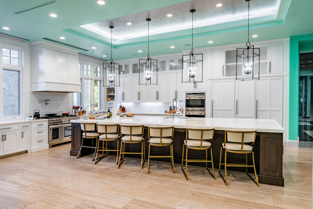 Large Transitional White Kitchen with Marble Countertops and Grand Island with Seating