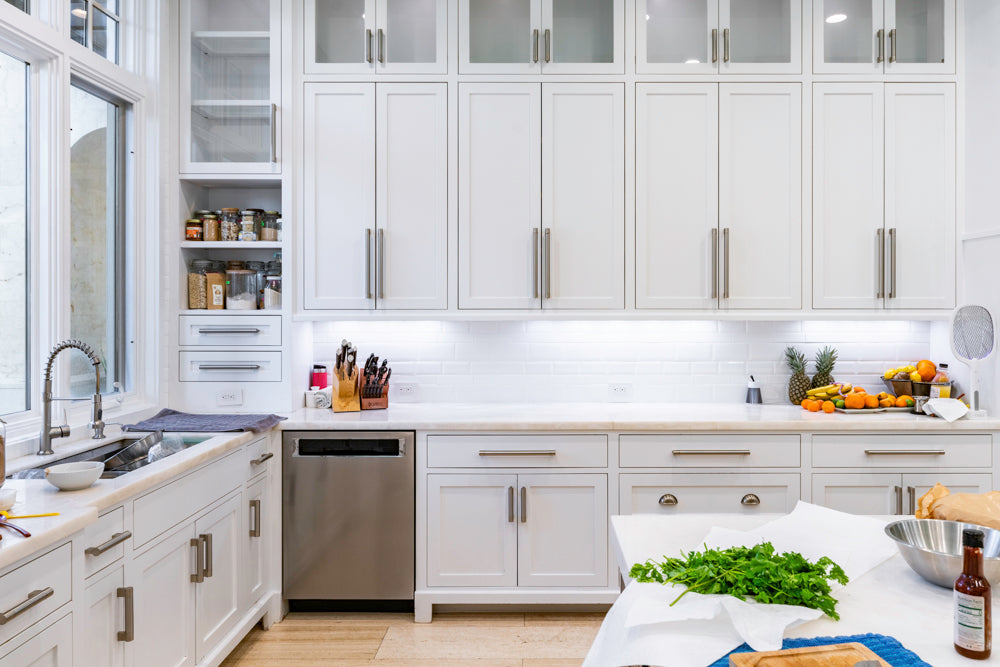 Large Transitional White Kitchen with Marble Countertops and Grand Island with Seating