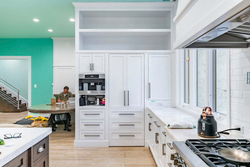Large Transitional White Kitchen with Marble Countertops and Grand Island with Seating