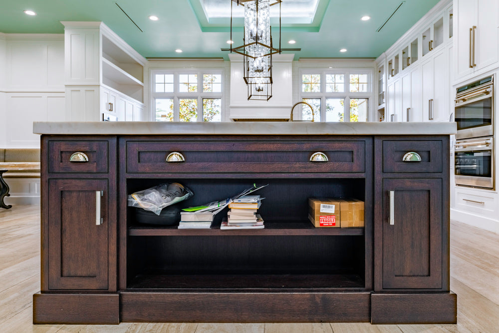 Large Transitional White Kitchen with Marble Countertops and Grand Island with Seating