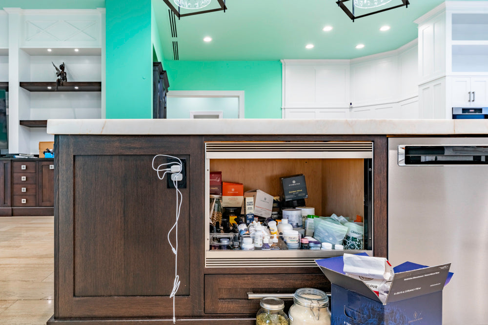 Large Transitional White Kitchen with Marble Countertops and Grand Island with Seating