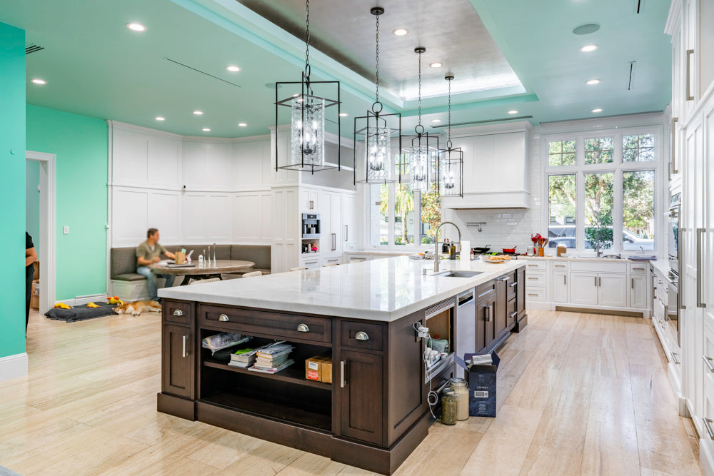 Large Transitional White Kitchen with Marble Countertops and Grand Island with Seating