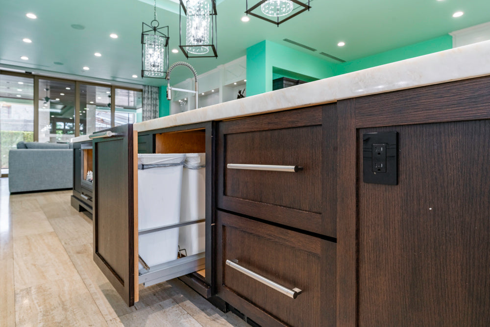 Transitional White Kitchen with Marble Countertops and Grand Island with Seating