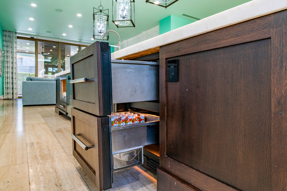 Transitional White Kitchen with Marble Countertops and Grand Island with Seating