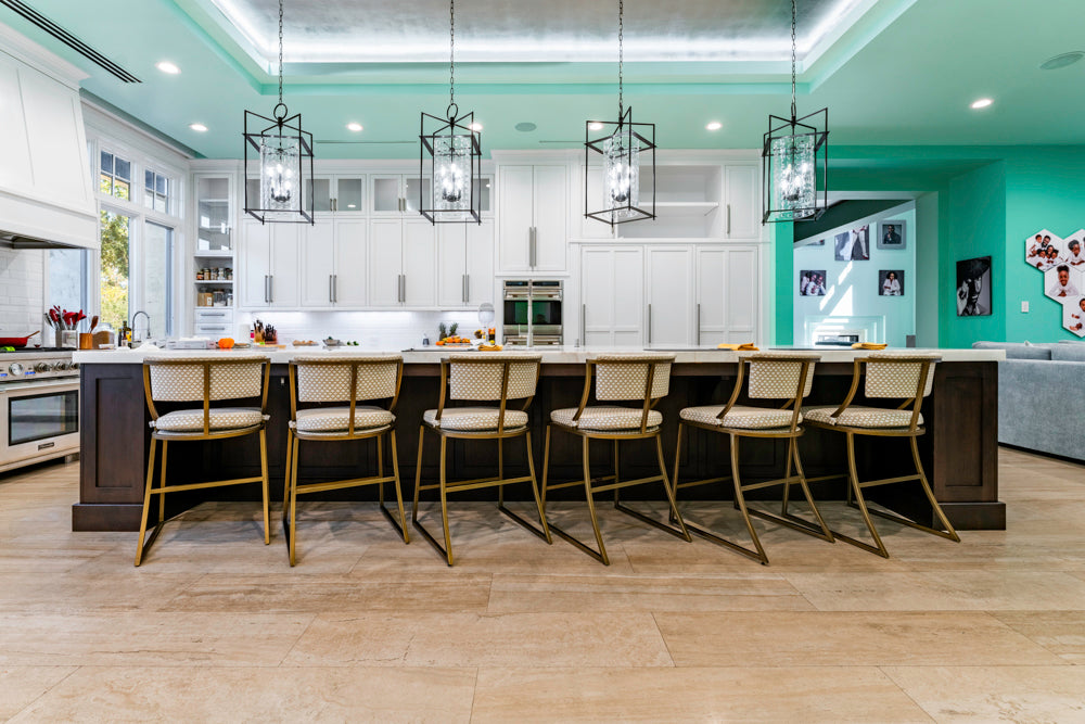 Large Transitional White Kitchen with Marble Countertops and Grand Island with Seating
