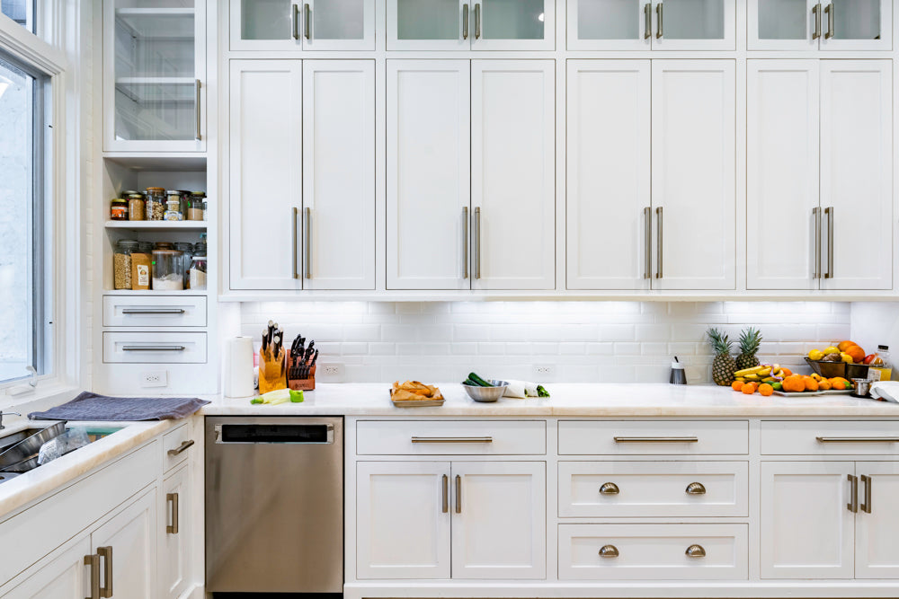 Large Transitional White Kitchen with Marble Countertops and Grand Island with Seating