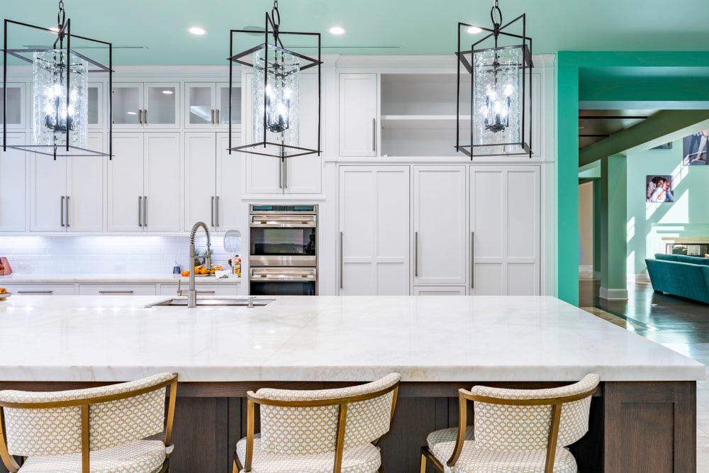 Large Transitional White Kitchen with Marble Countertops and Grand Island with Seating