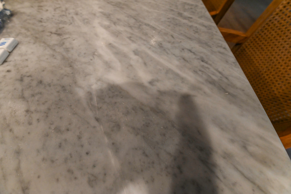 Traditional White Kitchen with Marble Top Island and Appliances