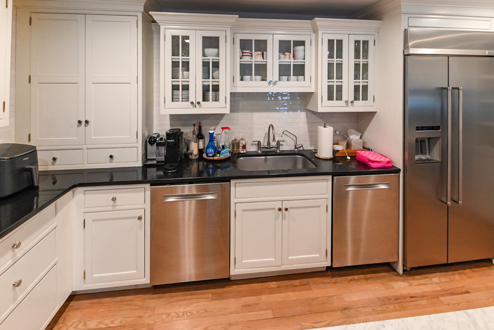 Traditional White Kitchen with Marble Top Island and Appliances
