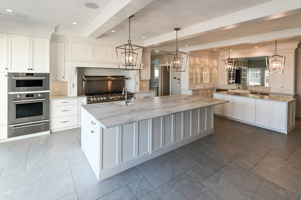 Gemcraft Custom Traditional White Double Island Kitchen with Marble Countertops and Luxury Appliance Package