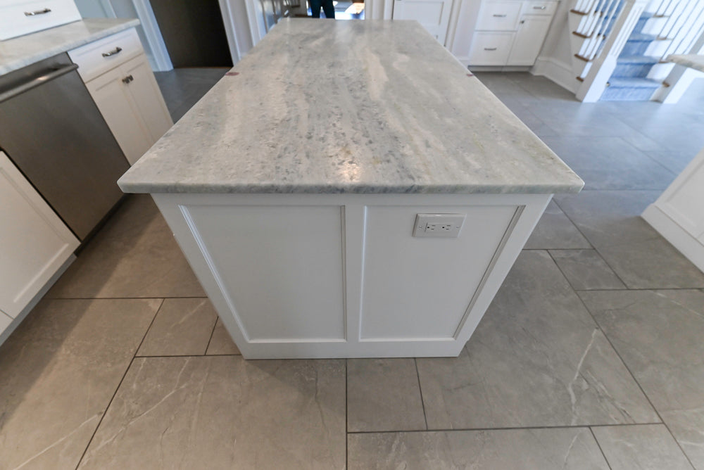 Gemcraft Custom Traditional White Double Island Kitchen with Marble Countertops and Luxury Appliance Package