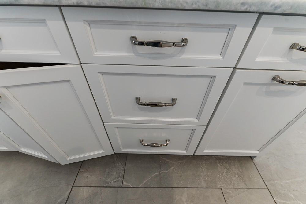 Gemcraft Traditional White Double Island Kitchen with Marble Countertops