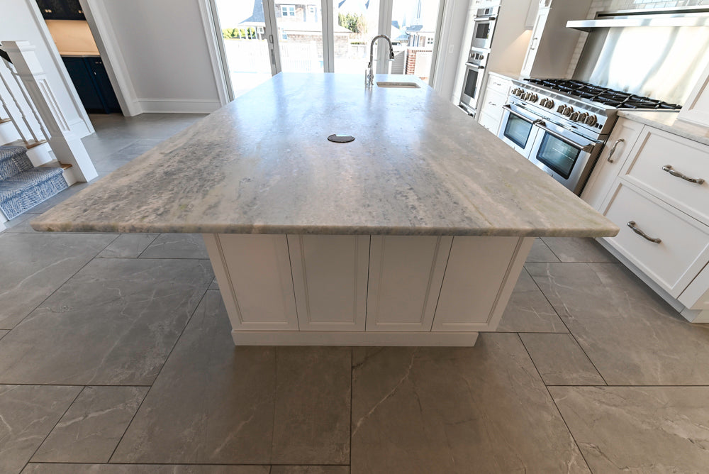 Gemcraft Custom Traditional White Double Island Kitchen with Marble Countertops and Luxury Appliance Package