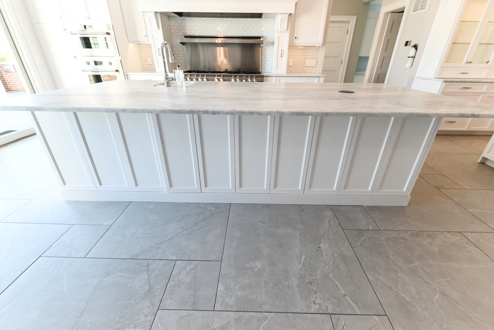 Gemcraft Custom Traditional White Double Island Kitchen with Marble Countertops and Luxury Appliance Package