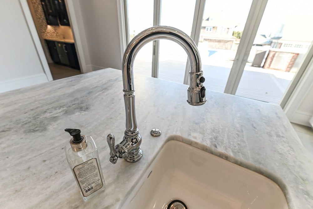 Gemcraft Traditional White Double Island Kitchen with Marble Countertops