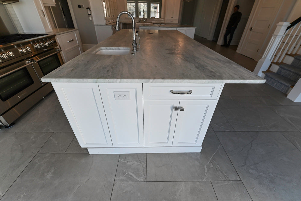 Gemcraft Custom Traditional White Double Island Kitchen with Marble Countertops and Luxury Appliance Package