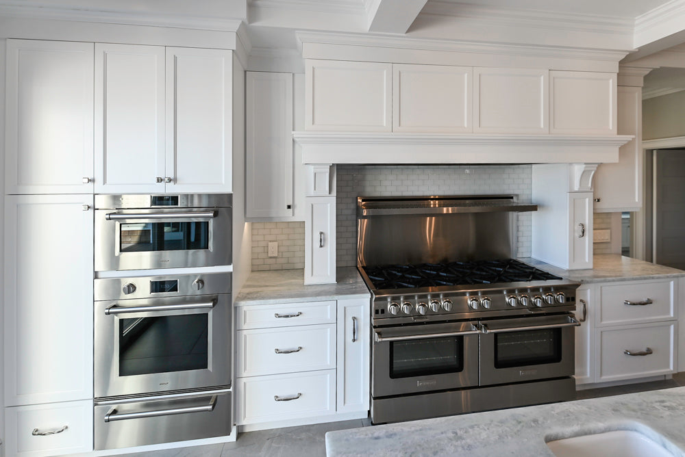 Gemcraft Custom Traditional White Double Island Kitchen with Marble Countertops and Luxury Appliance Package