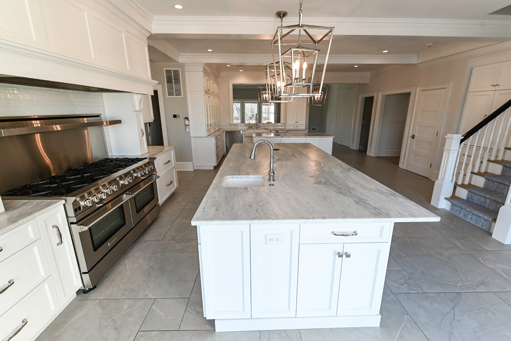 Gemcraft Custom Traditional White Double Island Kitchen with Marble Countertops and Luxury Appliance Package