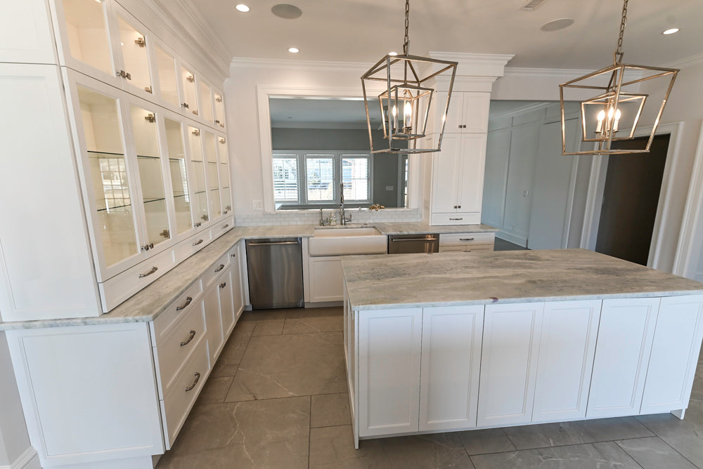 Gemcraft Custom Traditional White Double Island Kitchen with Marble Countertops and Luxury Appliance Package