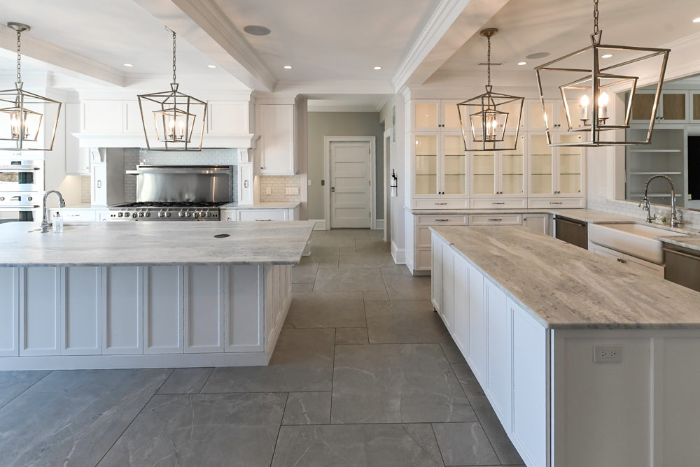 Gemcraft Custom Traditional White Double Island Kitchen with Marble Countertops and Luxury Appliance Package