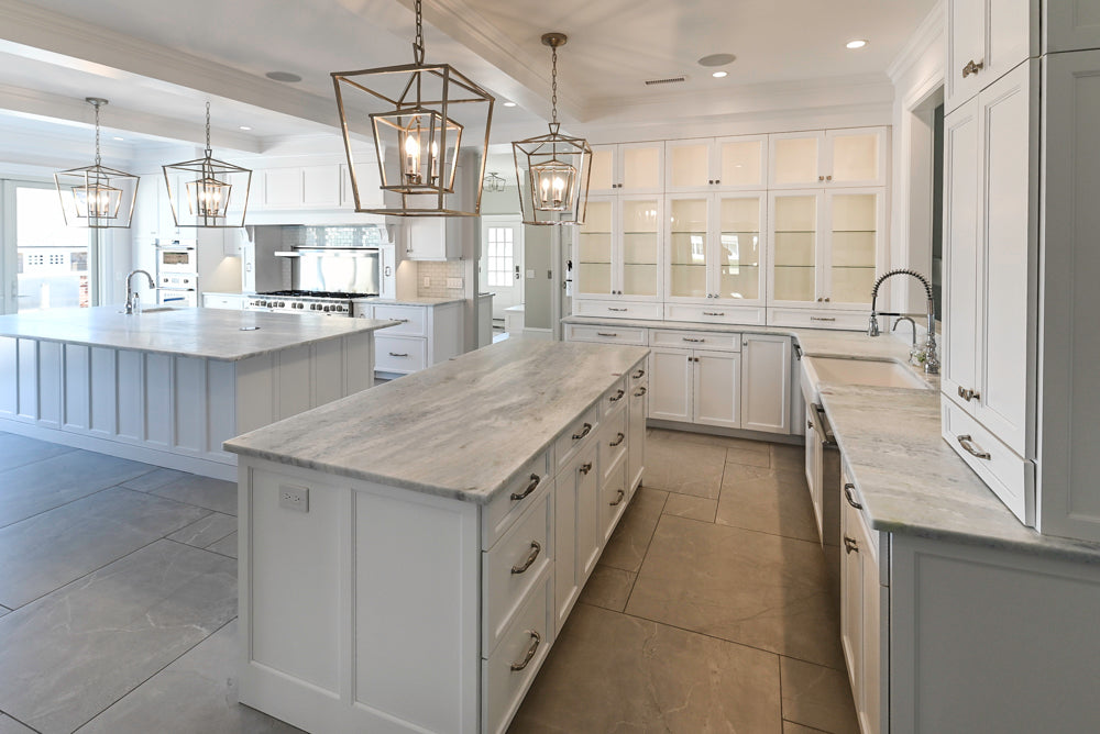 Gemcraft Custom Traditional White Double Island Kitchen with Marble Countertops and Luxury Appliance Package