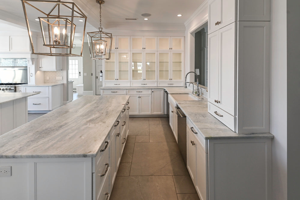 Gemcraft Custom Traditional White Double Island Kitchen with Marble Countertops and Luxury Appliance Package